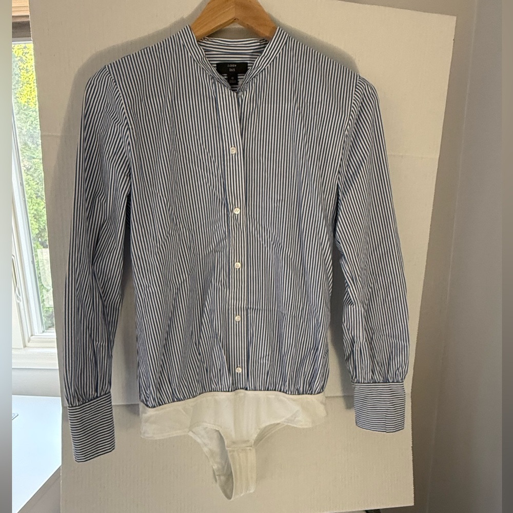 J. Crew Blue and White Striped Button-Front Bodysuit Shirt